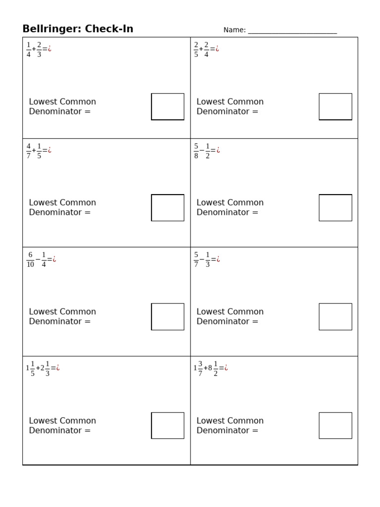 Fractions Bellringer Grade 7 | PDF