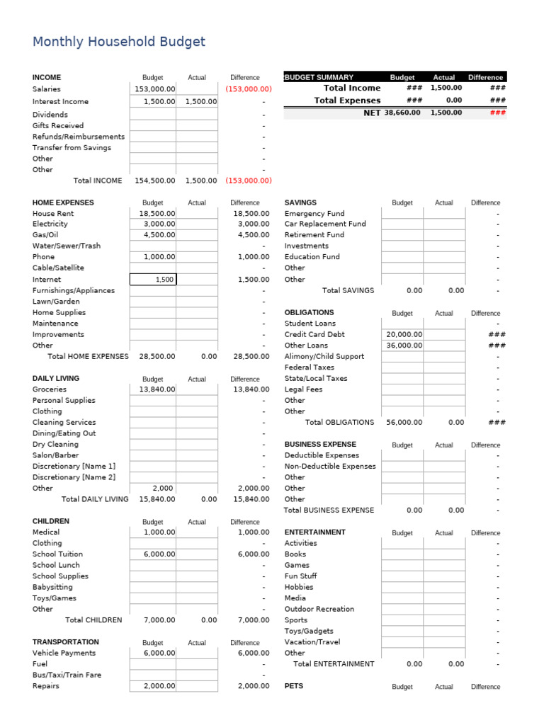 Monthly Household Budget Template | PDF | Budget | Expense