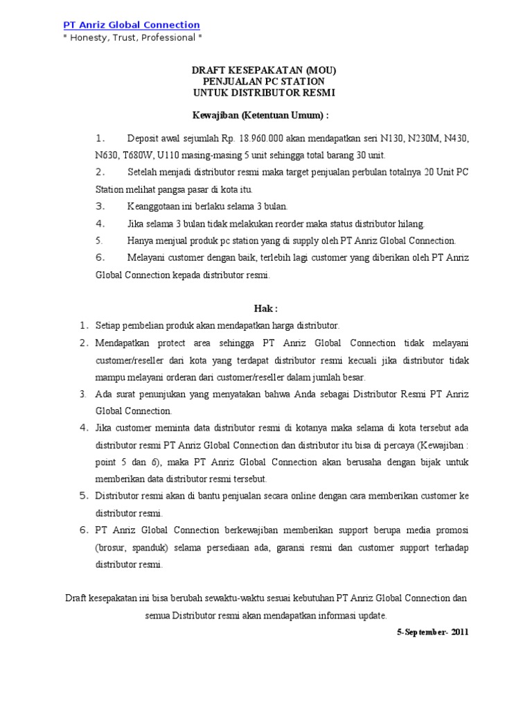 Mou Untuk Distributor | PDF | Bisnis