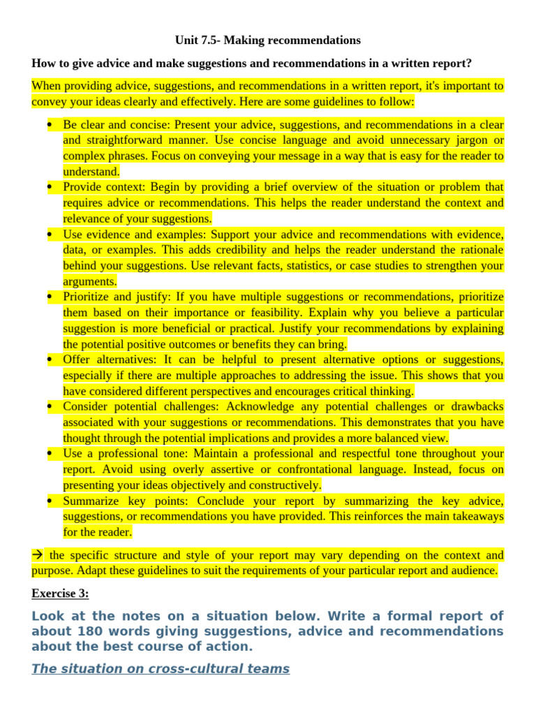 Unit 7.5 Making Recommendations Sts | PDF