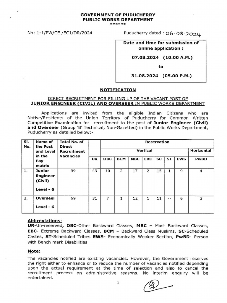 Puducherry PWD Notification 2024 - PDF | PDF