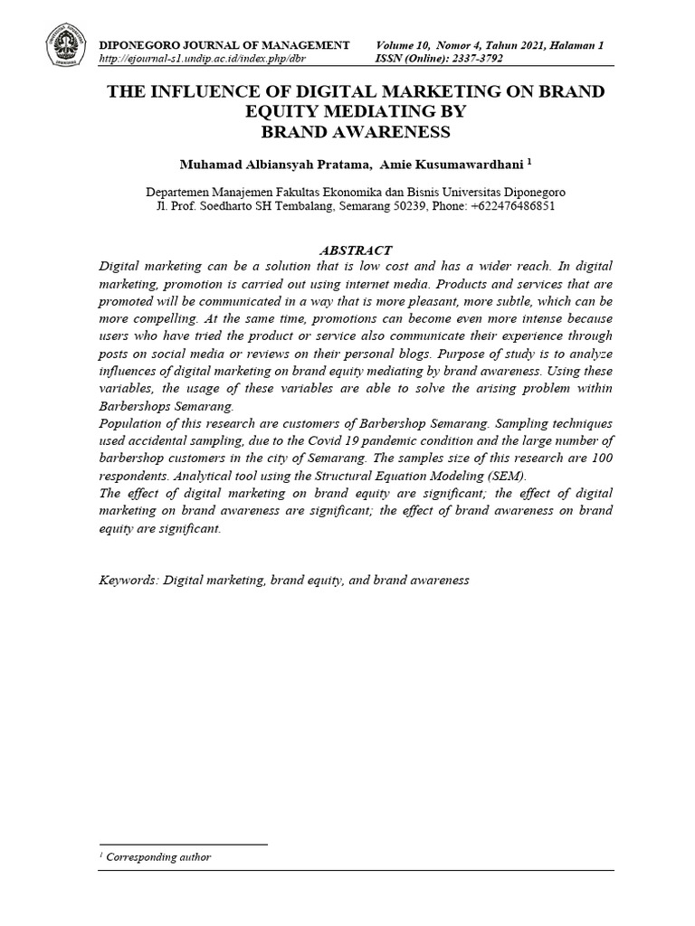 The Influence of Digital Marketing On Brand Equity Mediating by Brand ...