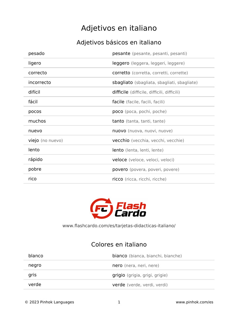 Adjetivos en italiano pdf
