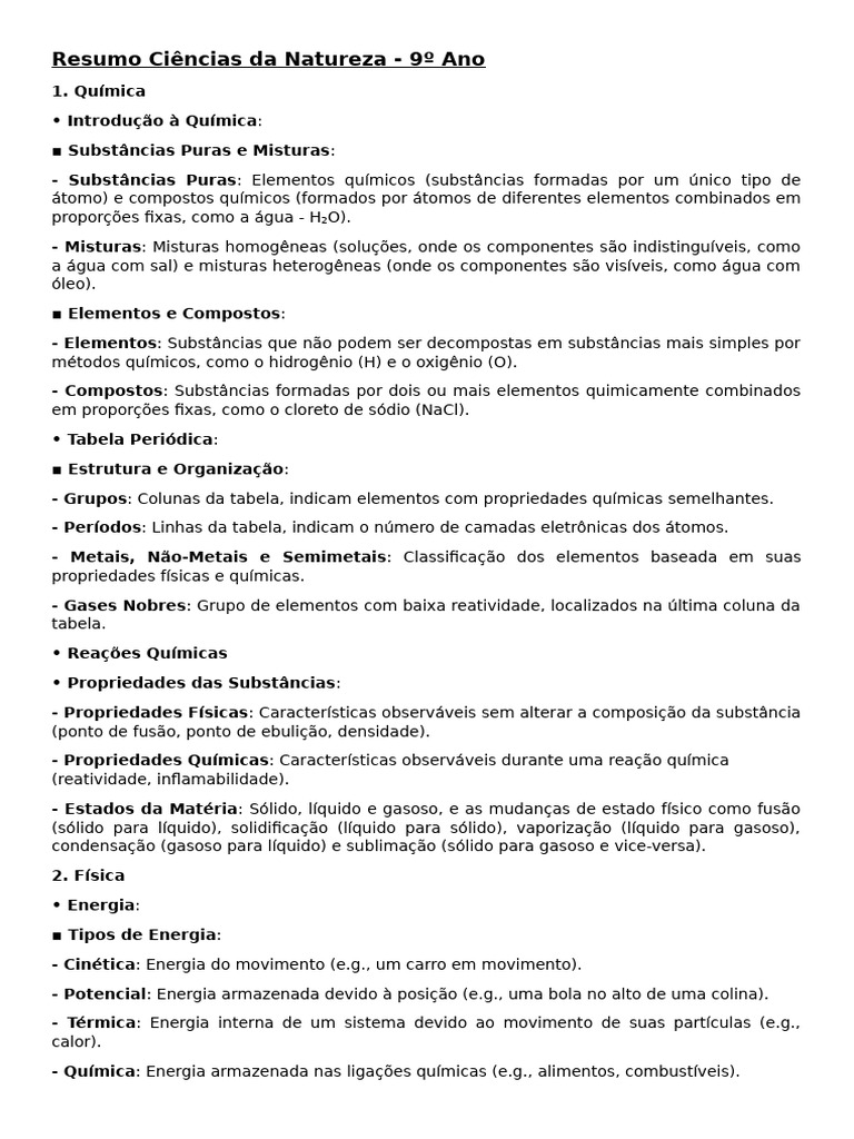 Resumo de Ciências da Natureza - 9º Ano | PDF | Ondas | Substancias ...
