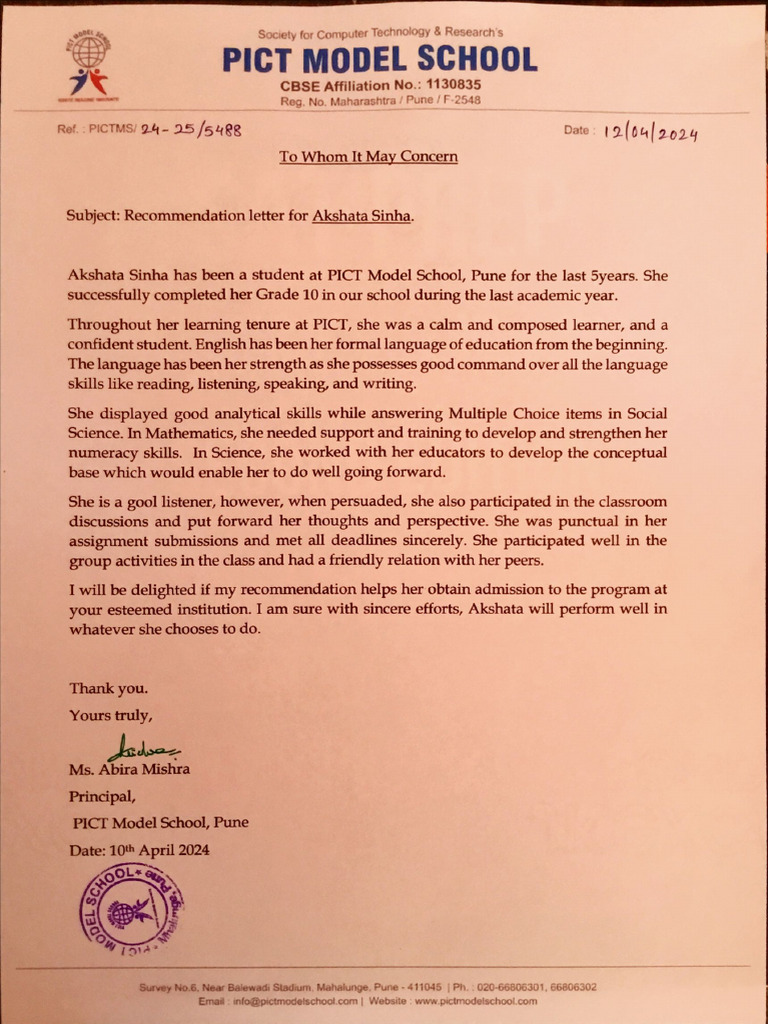 Recommendation Letter - Akshata Sinha | PDF