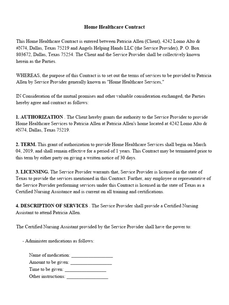 Home Healthcare Contract: 1. Authorization | PDF