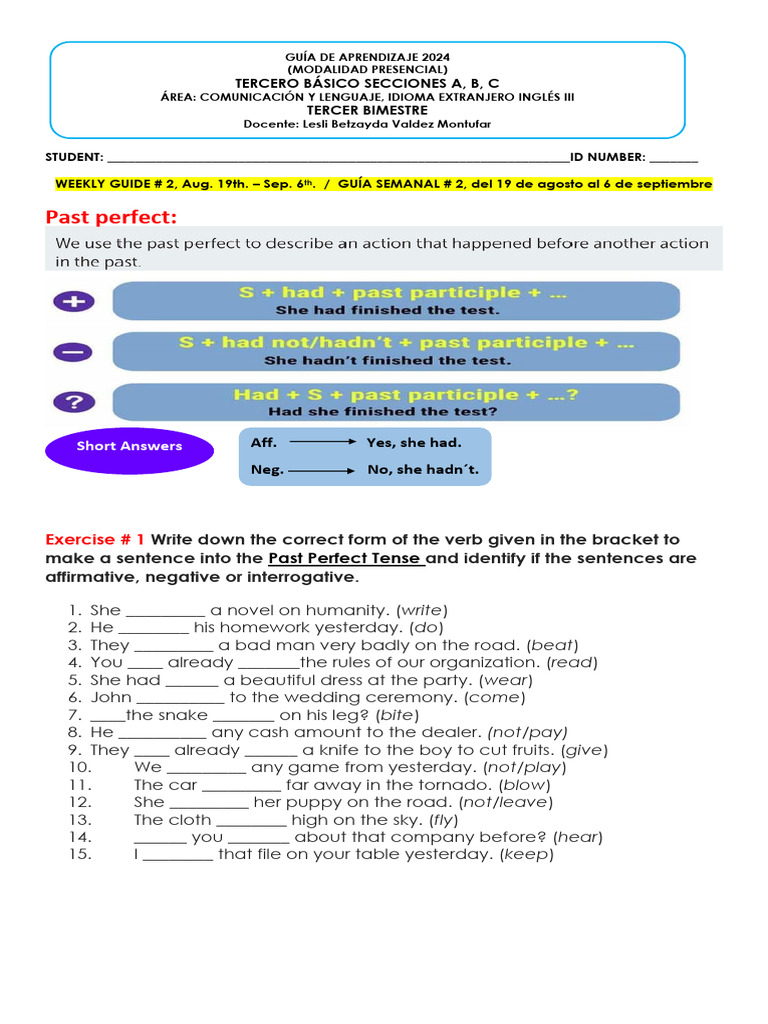 Guía Semanal de Inglés: Pasado Perfecto | PDF | Artes del Lenguaje y ...