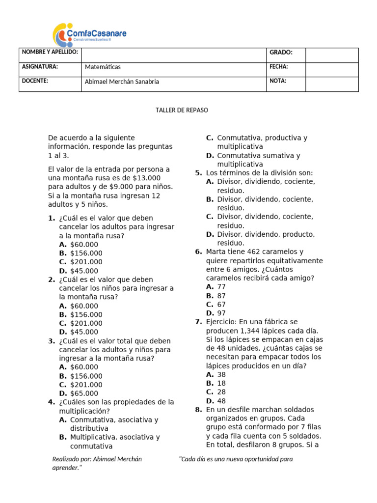 Taller de Repaso Grado 4 II Periodo | PDF