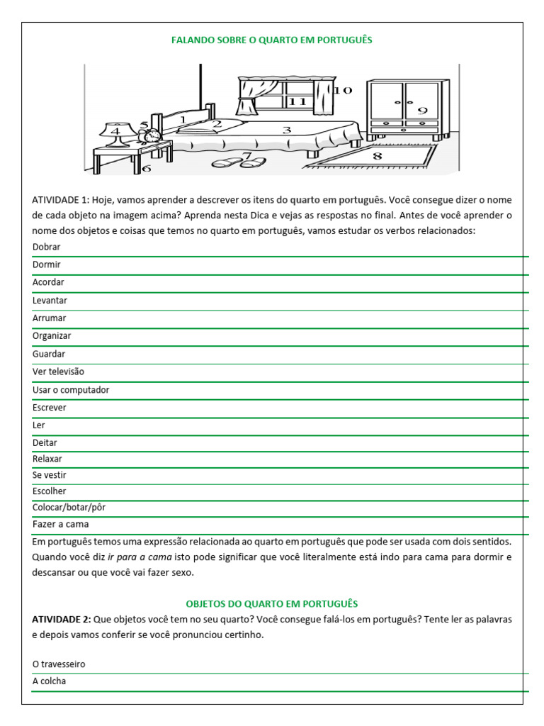 Falando Sobre o Quarto em Português .2 Folhas A4 | PDF