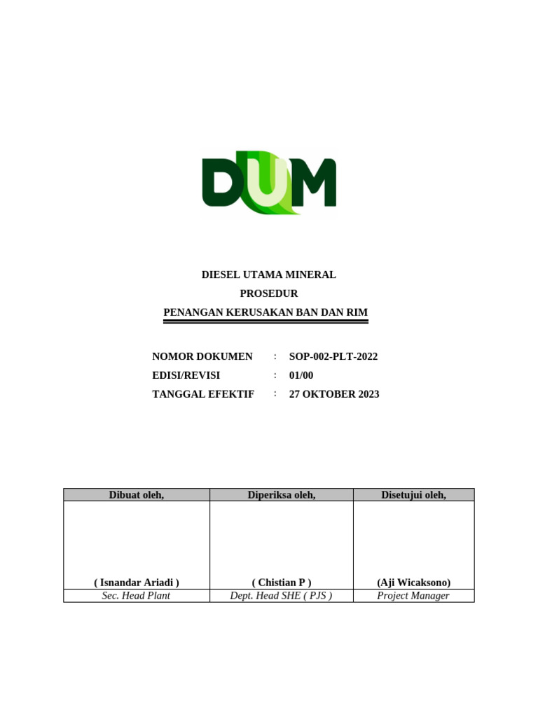 SOP - 002 - PLT - 2022 Penangan Kerusakan Ban Dan Rim (REV) | PDF