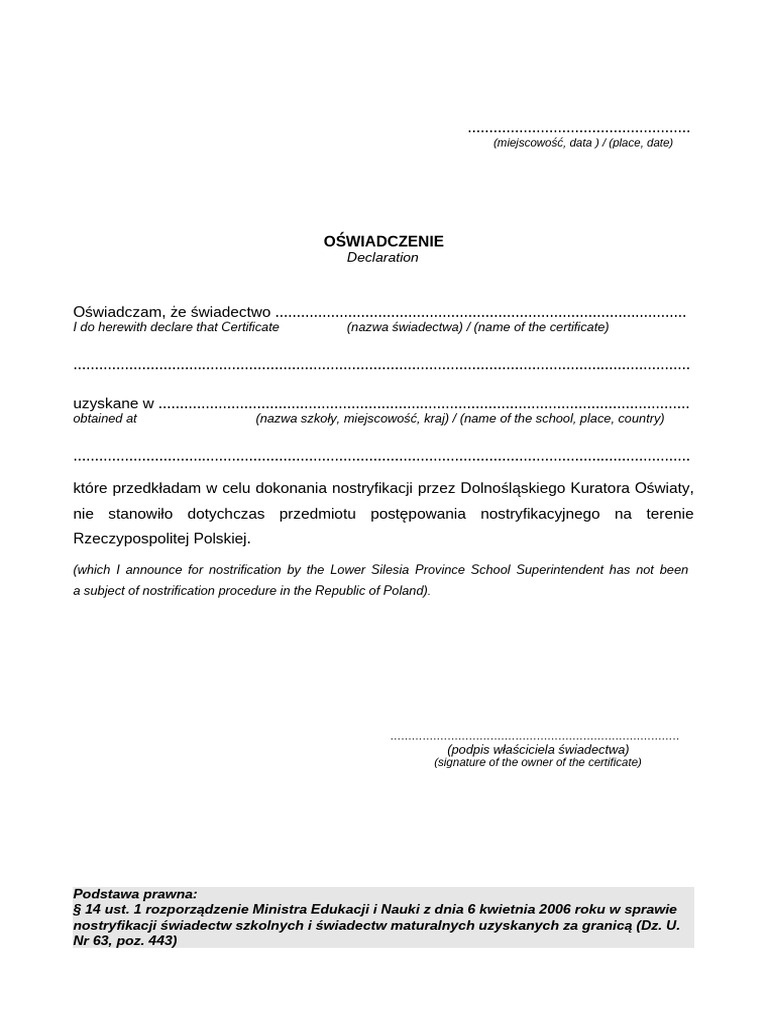 Certificate Nostrifikacja Declaration | PDF | Home & Garden