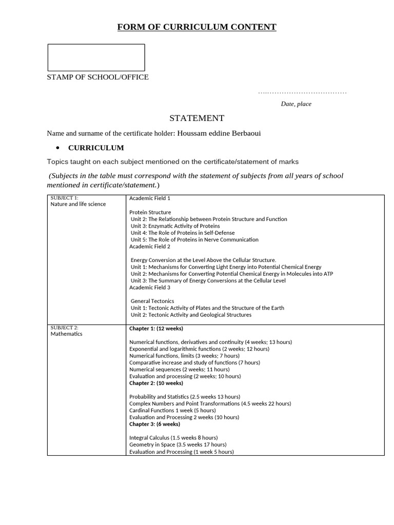 Form of Curriculum Content 1 | PDF | Science | Proteins