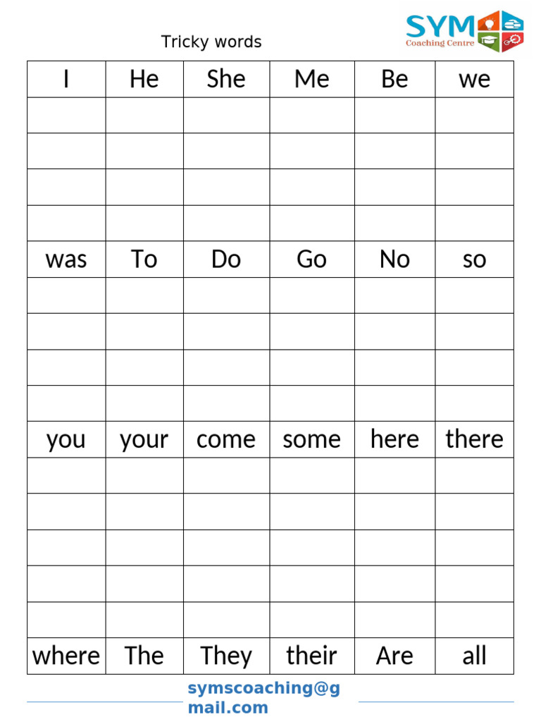 Tricky Words Worksheet Download | PDF