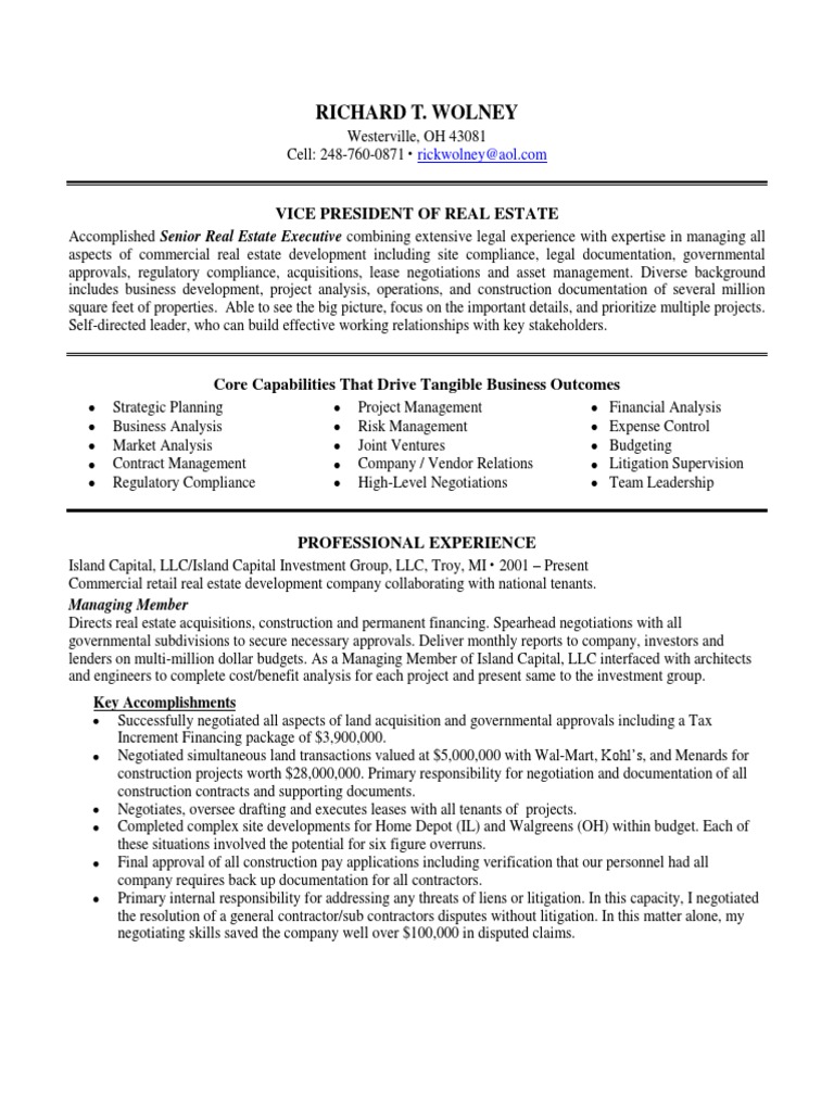 Director Commercial Real Estate in Columbus OH Resume Richard Wolney
