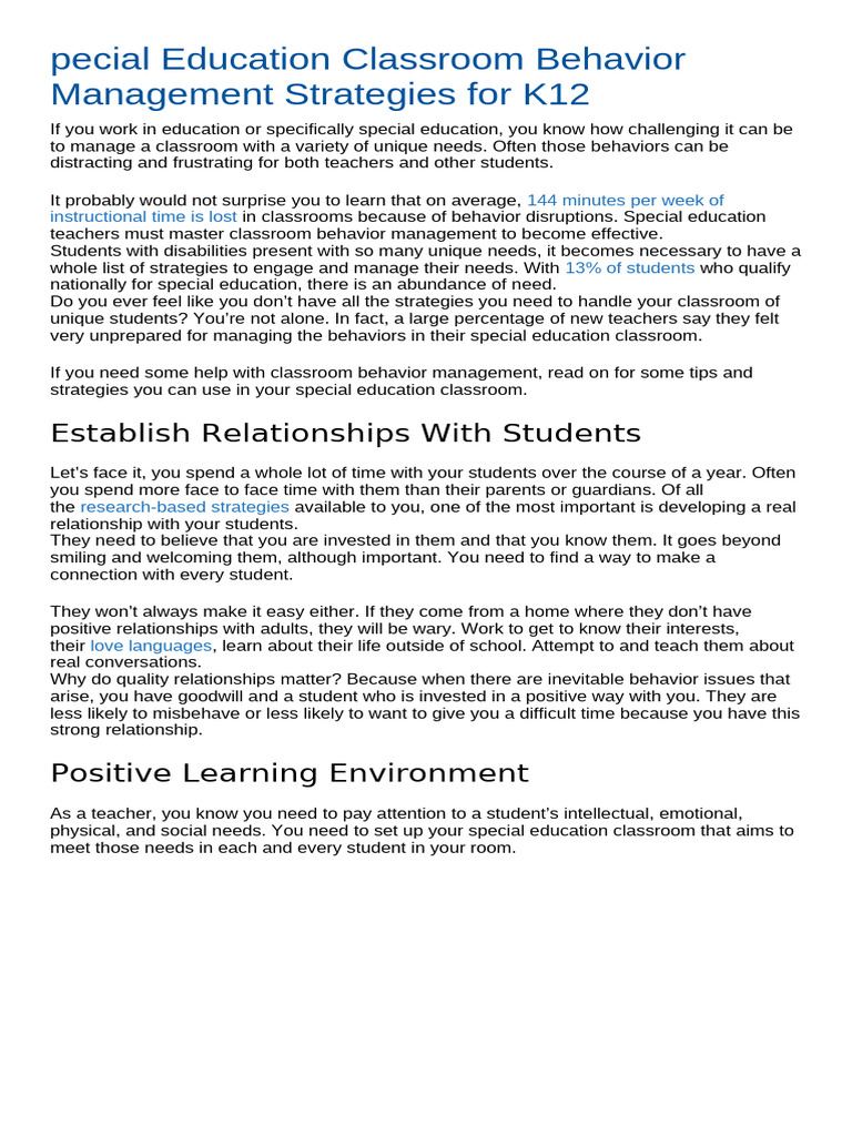 Pecial Education Classroom Behavior Management Strategies For K12 | PDF