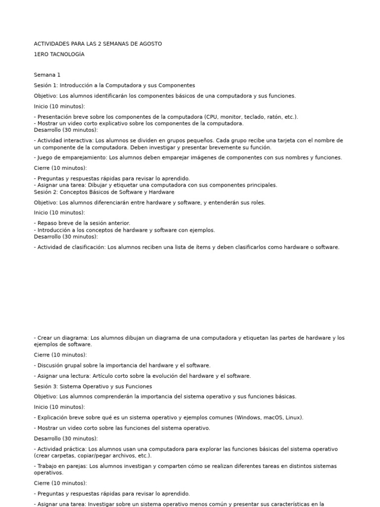 Actividades para Las 2 Semanas de Agosto-1ro | PDF | Hardware de la ...