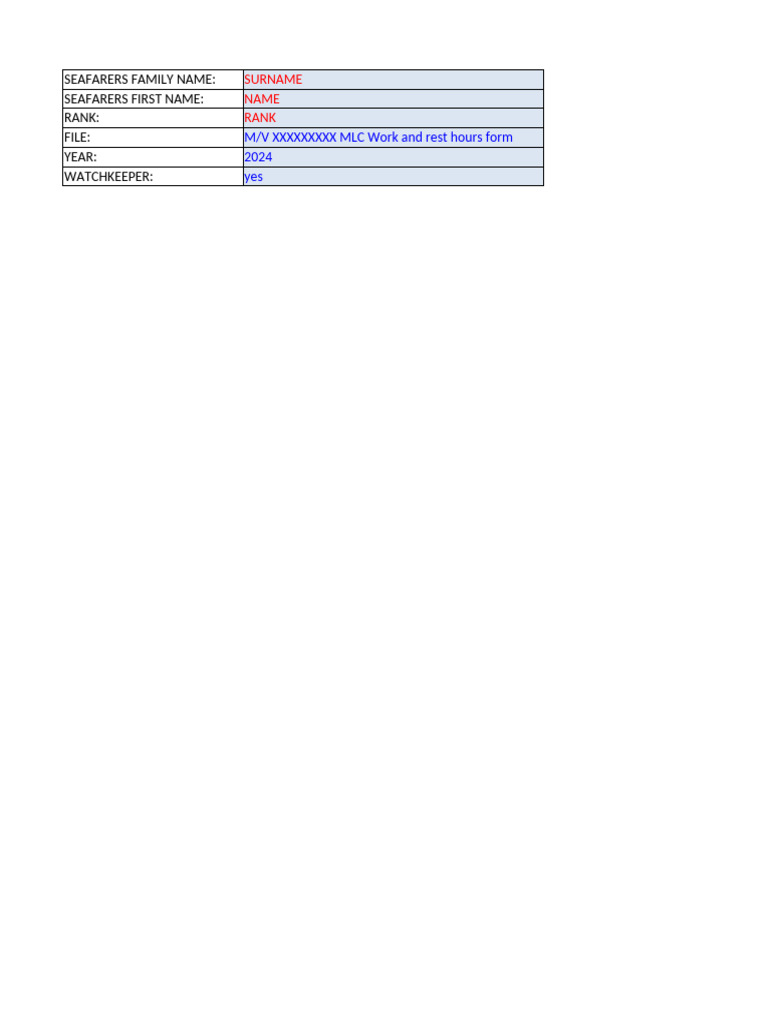 MLC Work and Rest Hours Form 2024 | PDF