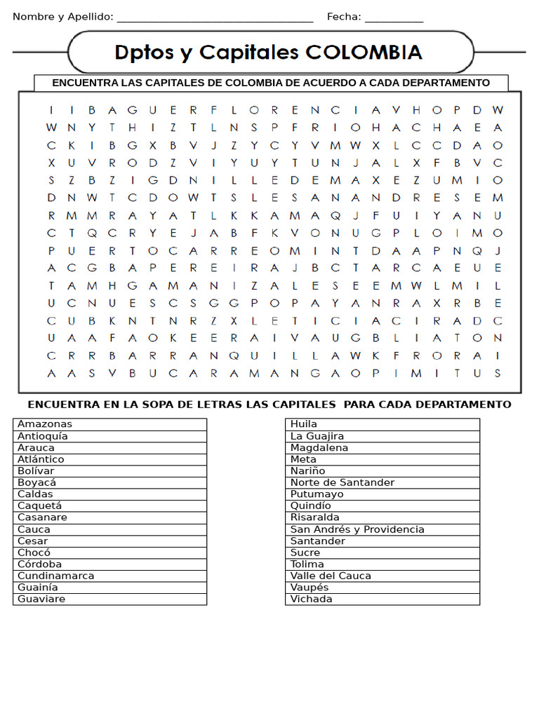 sopa de letras departamentos y capitales | PDF