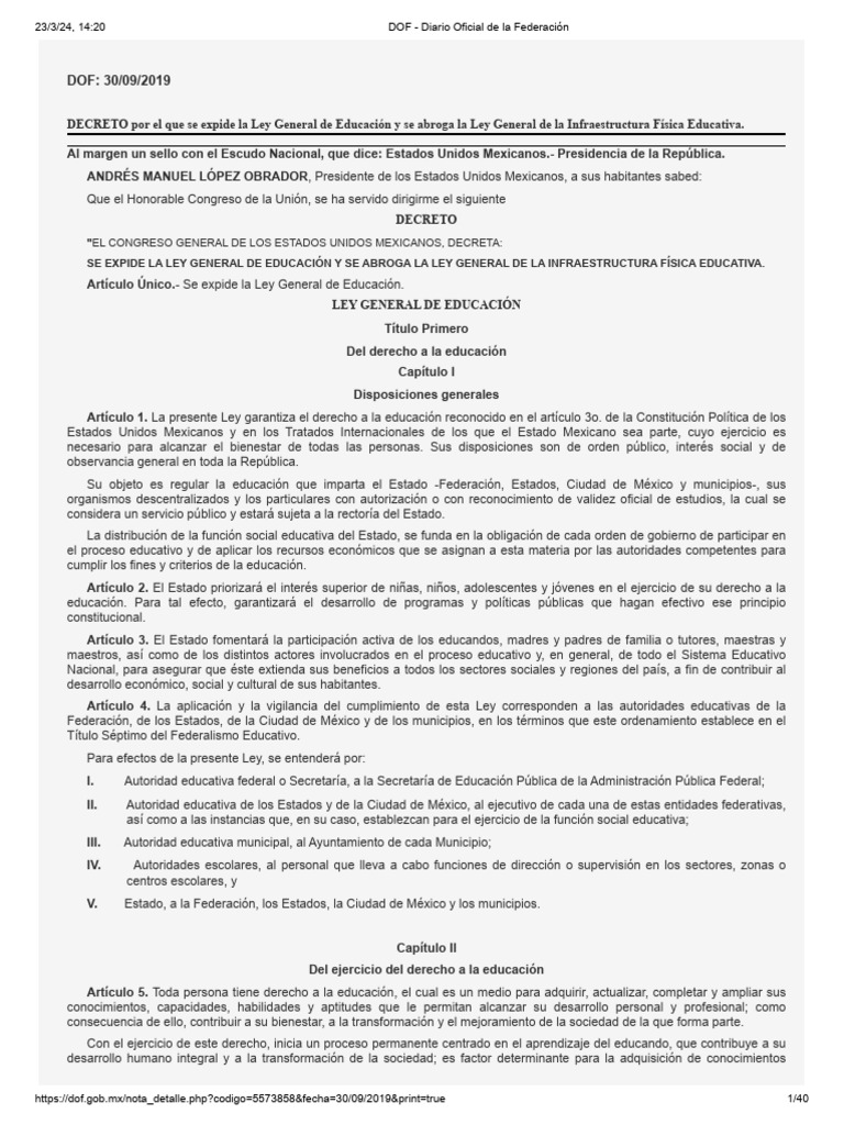 Ley General de Educacion 30 Sep 2019 | PDF