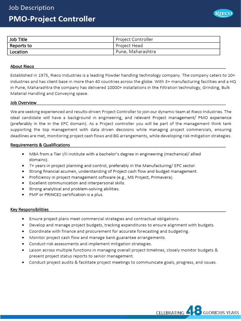 JD - PMO (Project Controller) | PDF