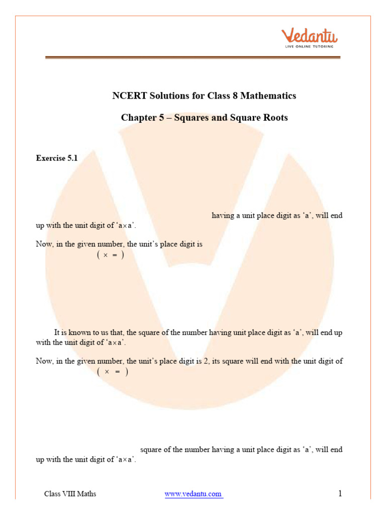 NCERT Solutions For Class 8 Maths Chapter 5 - Squares and Square Roots ...