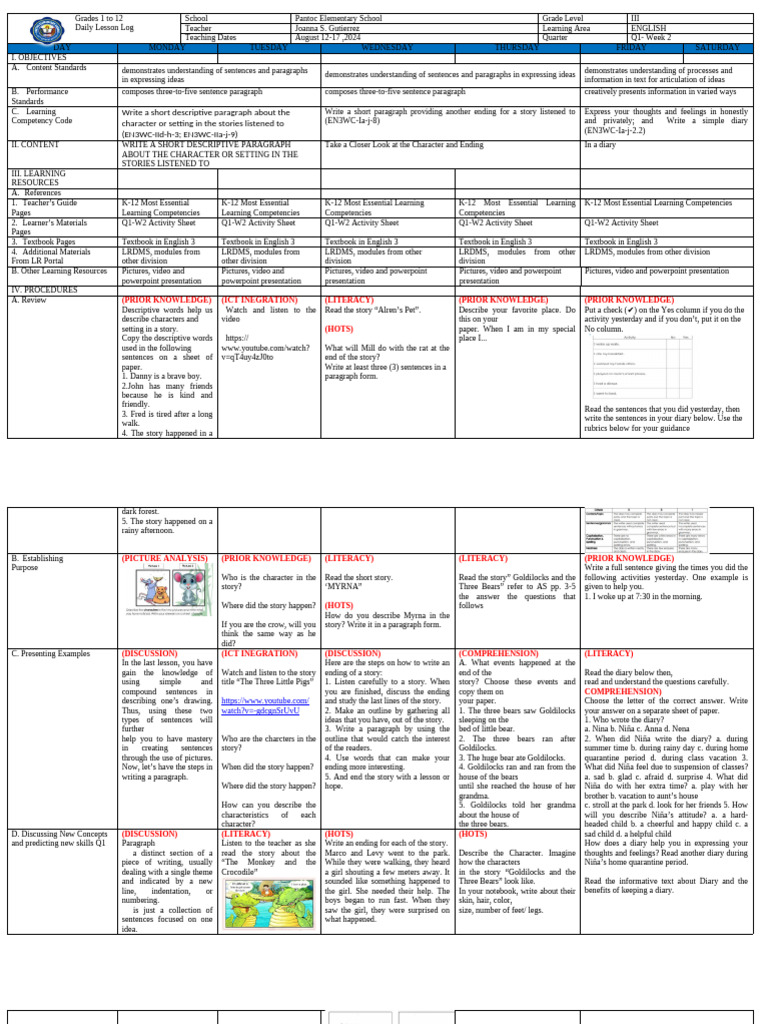 Grade 3 English Daily Lesson Log | PDF | Learning | Language Arts ...