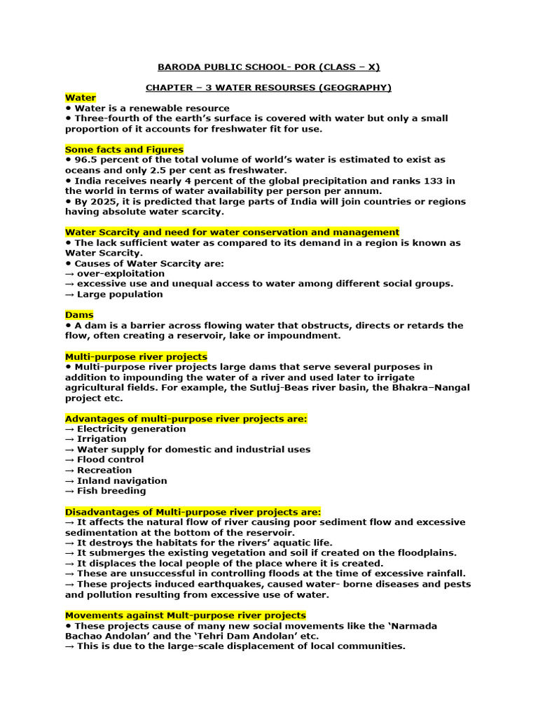 BPS Class X Water Resourses Notes | PDF