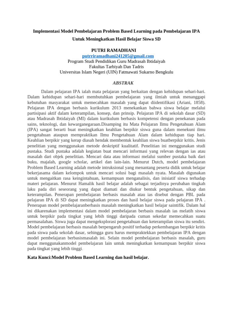 Implementasi Model Pembelajaran Problem Based Learning Pada ...