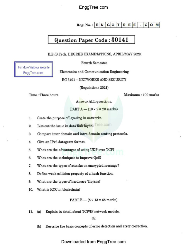 EC3401 Networks and Security Apr May 2023 Question Paper Download | PDF
