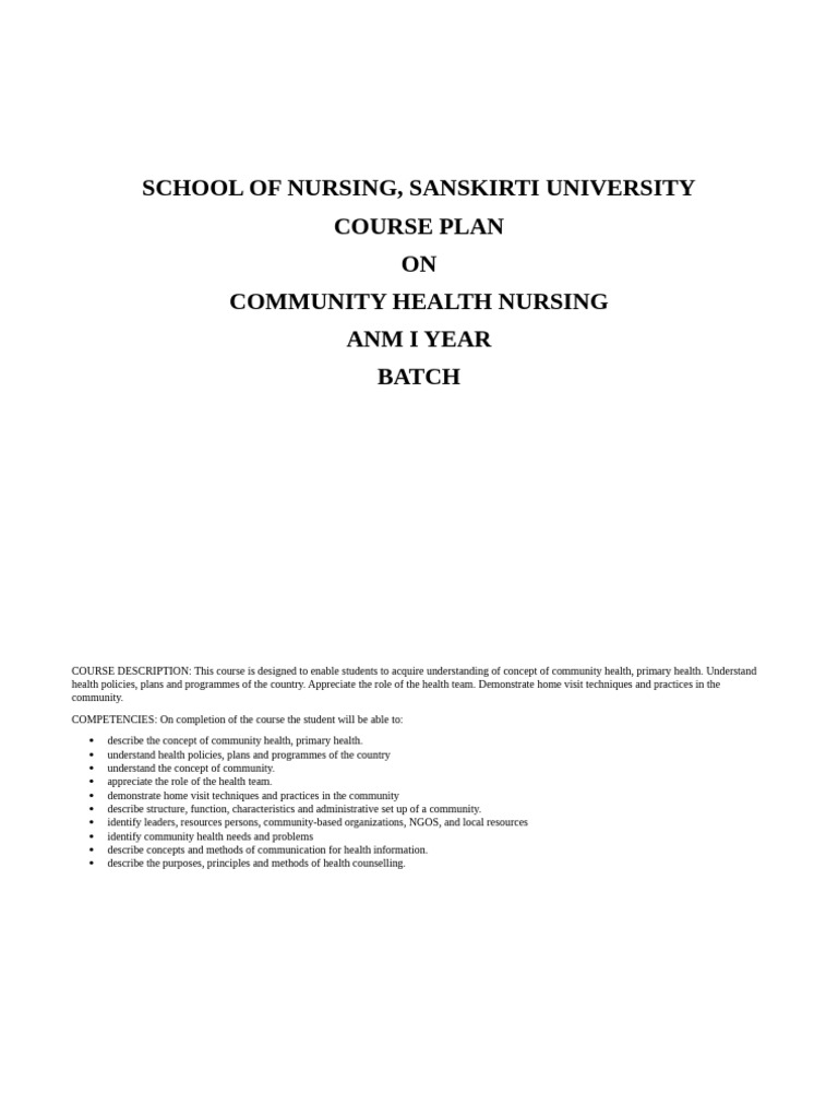 Course Plan Community Health Nursing | PDF