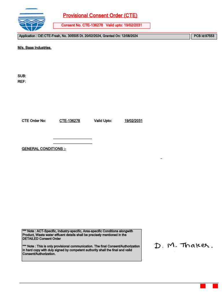 Provisional Consent Order (CTE) : M/s. Baas Industries | PDF