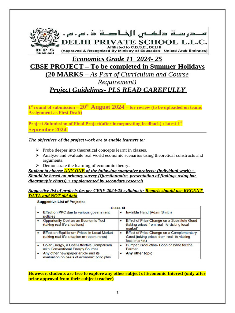 CBSE Project Guidelines - Topics - ECO11 - 2024-25 | PDF