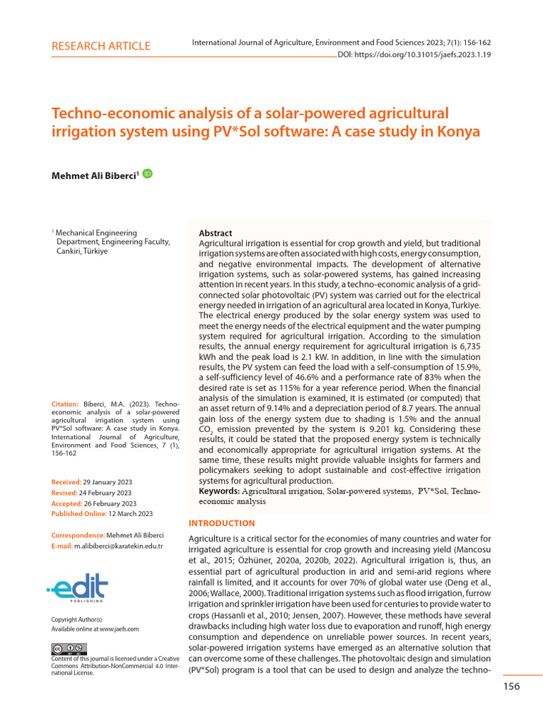 Techno Economic Analysis of A Solar Powered Agricultural w772k2w3 | PDF