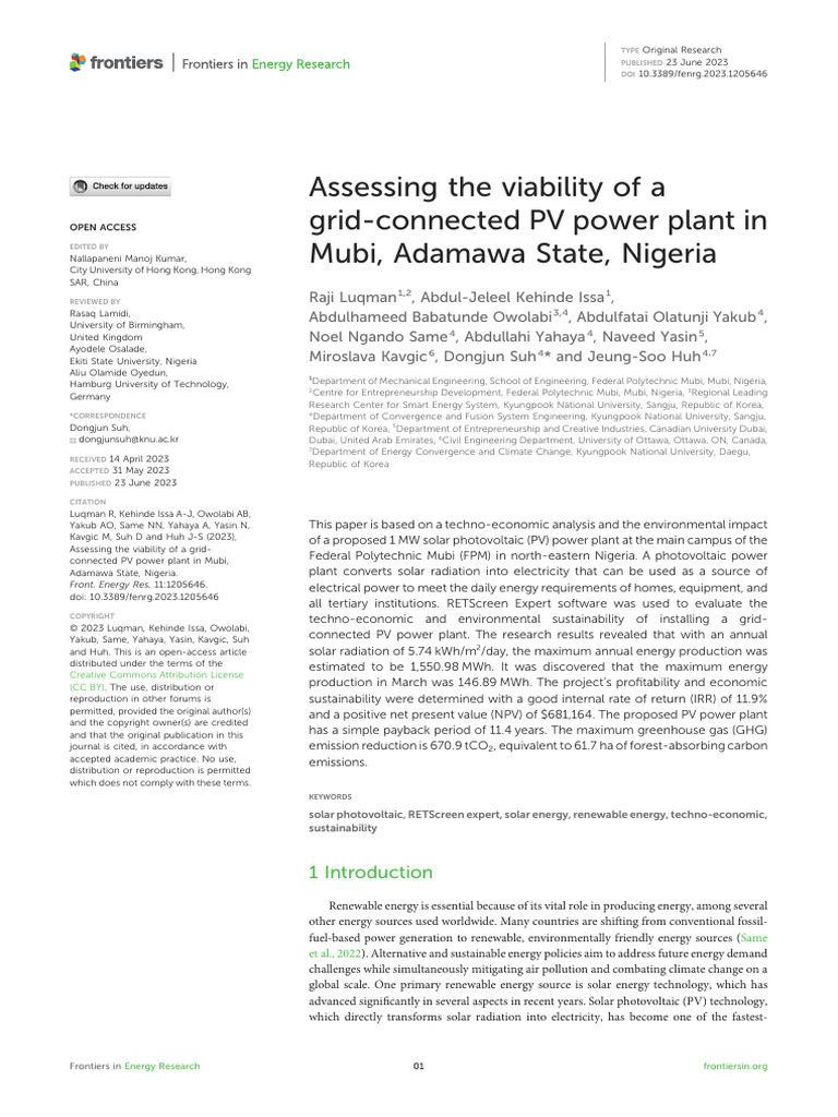Assessing The Viability of A Grid Connected PV Power Plant 2t11n6z1 | PDF