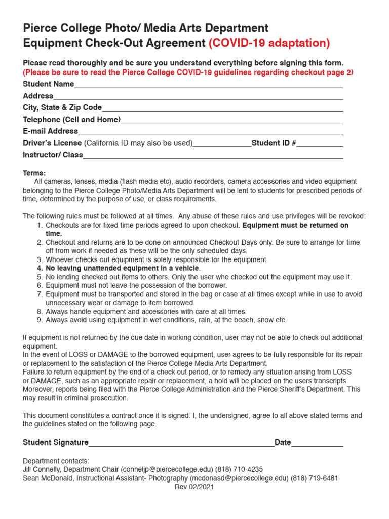 Pierce College Equipment Checkout Agreement | PDF | Business