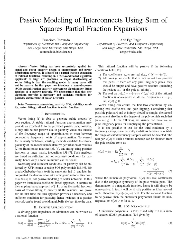 Passive Modeling of Interconnects Using Sum of Squares Partial Fraction ...
