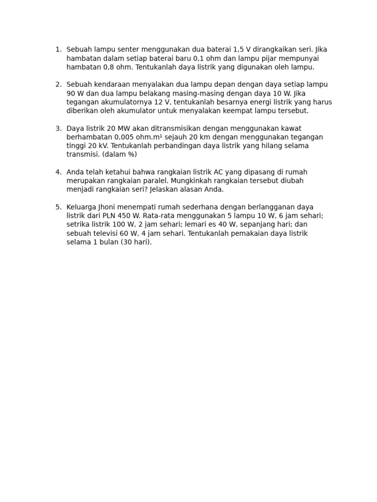 Latihan Soal Daya Dan Energi Listrik Bab 1 | PDF