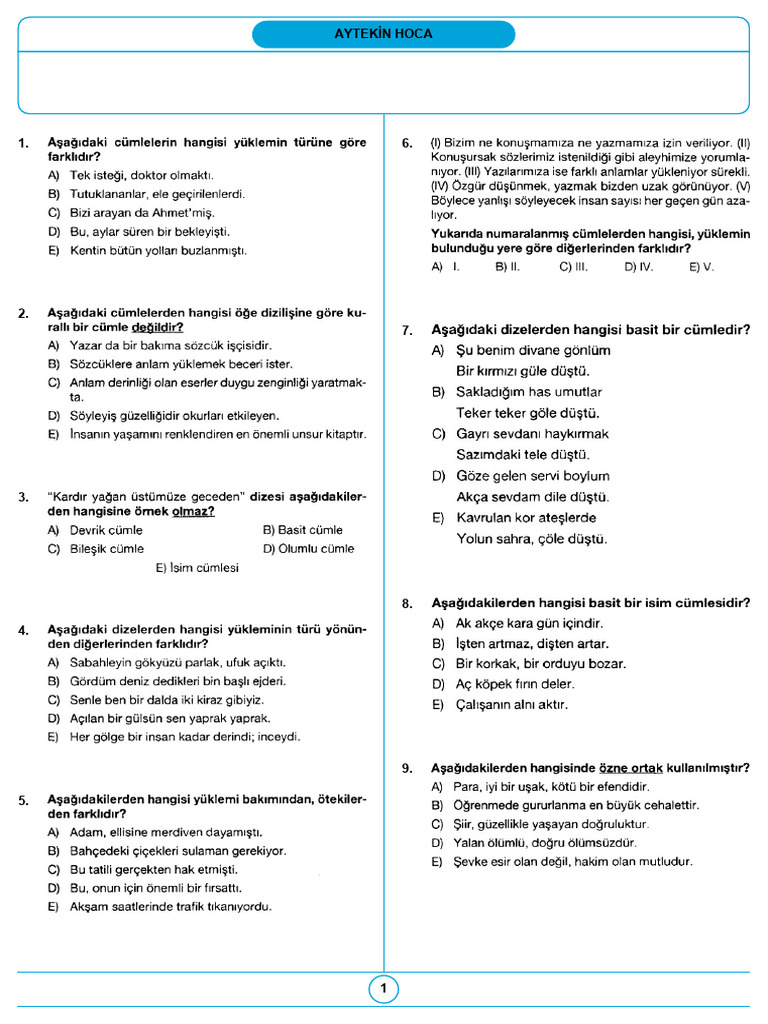Sınıf Cümle Türleri Test | PDF
