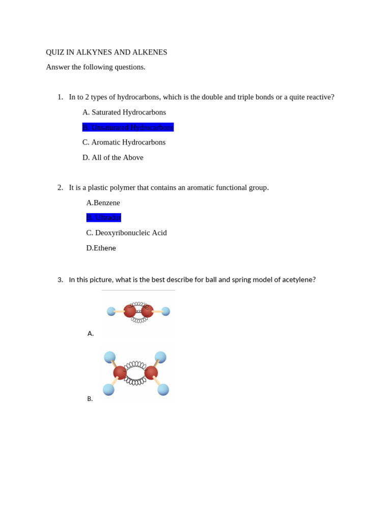 Quiz in Alkynes and Alkenes | PDF