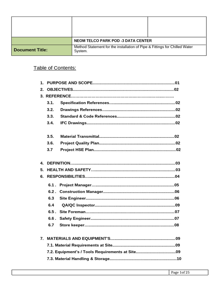Method Statement for the installation of Pipe & Fittings for Chilled ...