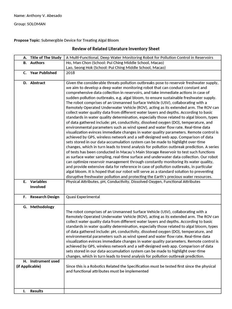 RRL Inventory For Topic Defense Sample STEM 1 | PDF