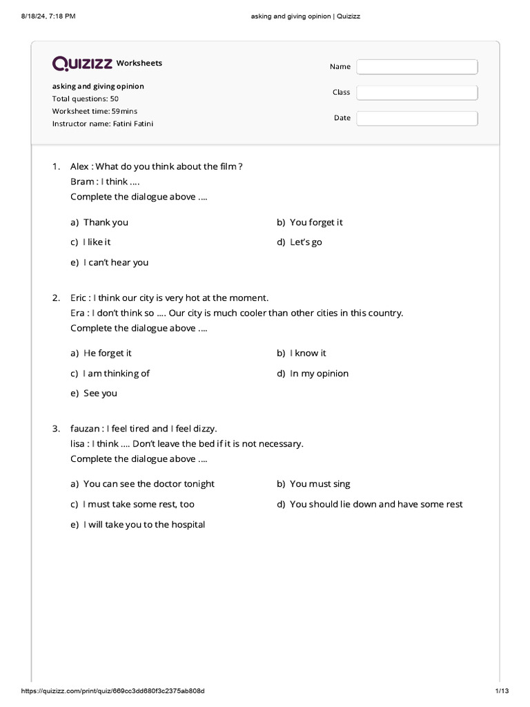 Soal Asking And Giving Opinion Quizizz Pdf