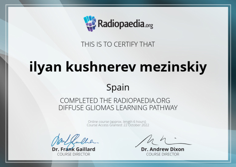 Radiopaedia Diffuse Gliomas Learning Pathway Certificate PDF