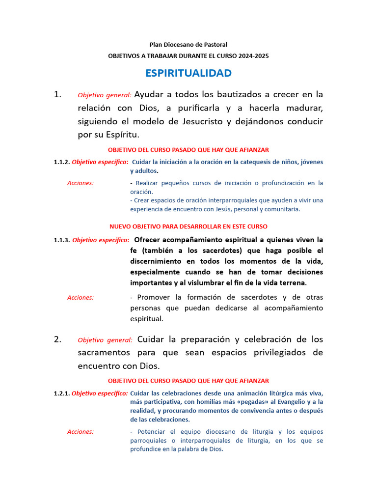 Objetivos Plan Diocesano de Pastoral Curso 2024 25 | PDF