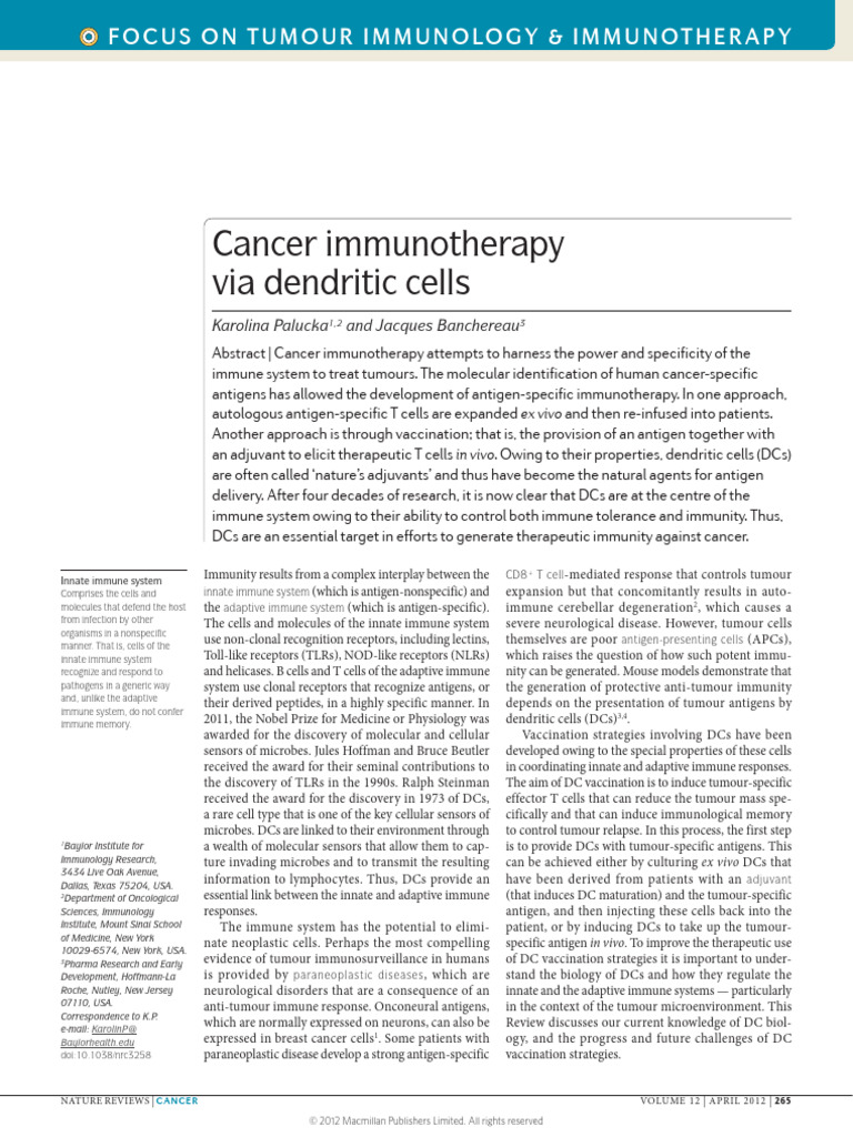 Cancer Immunotherapy Via Dendritic Cells | PDF