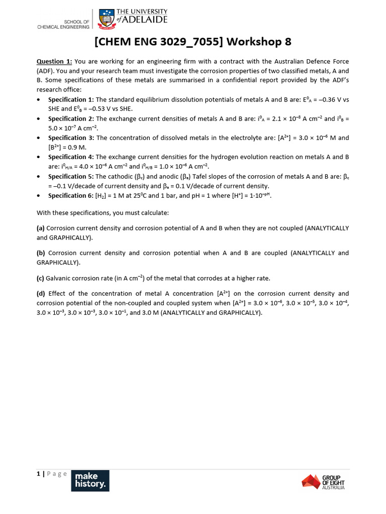 【CHEM ENG 3029 - 7055】 Workshop 8 - Solutions (2024) - 合并 | PDF