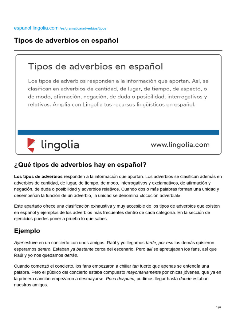 Clasificación de adverbios en español | PDF | Adverbio | Artes del ...