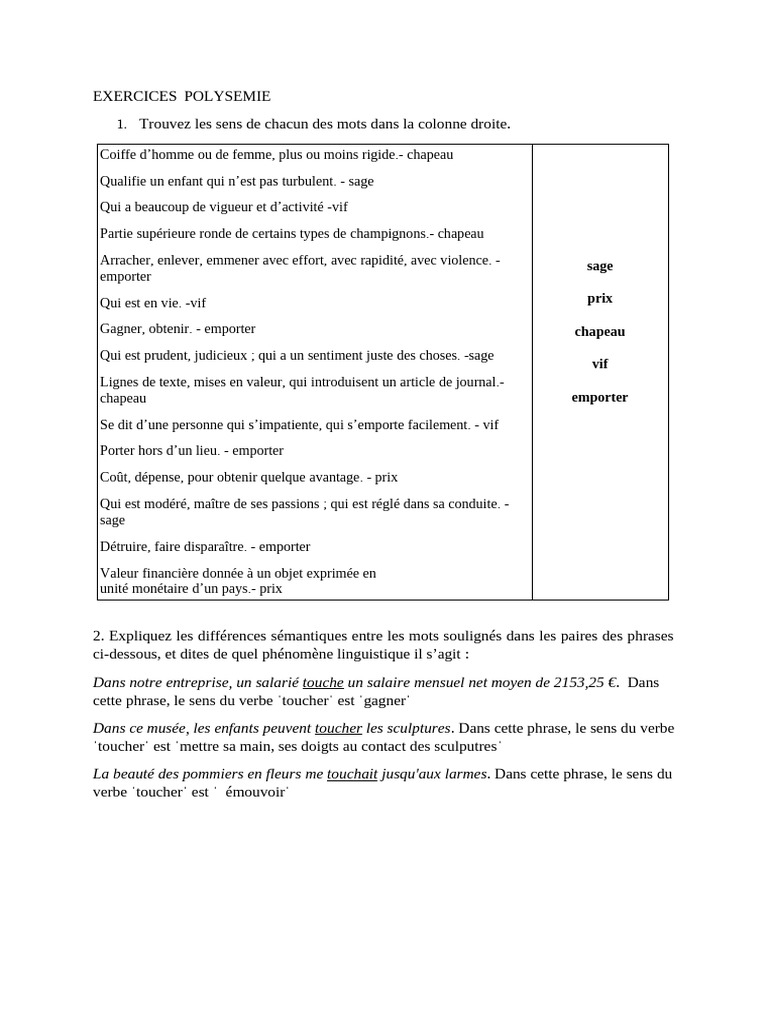 Exercice Polysemie | PDF