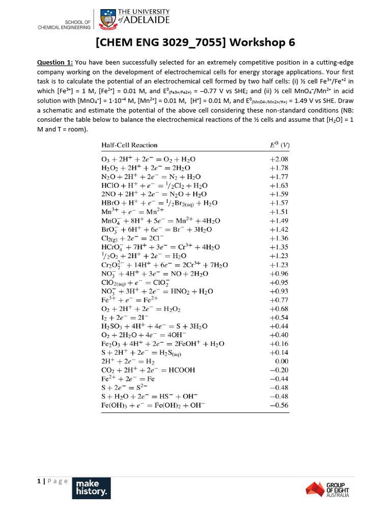 (CHEM ENG 3029 - 7055) Workshop 6 - Solutions (2024) | PDF