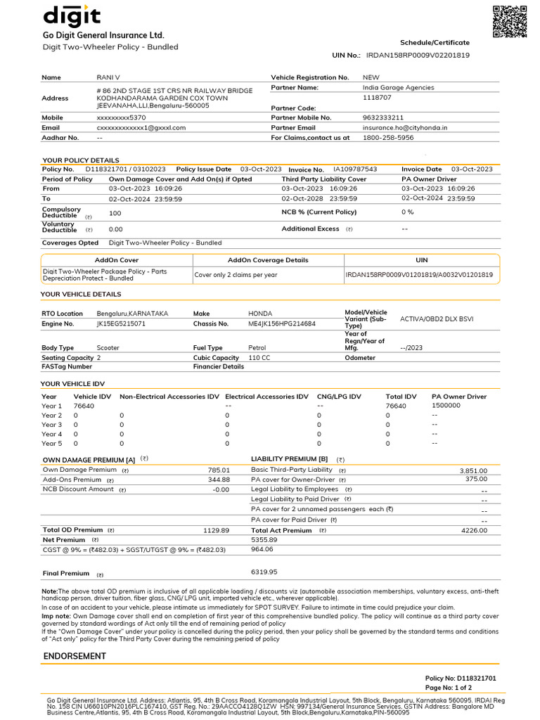 Grey Activa Insurance Policy | PDF